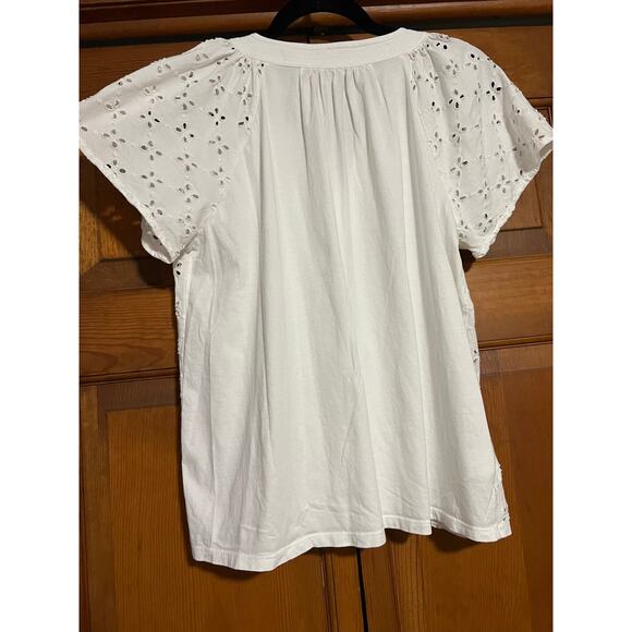 LOFT Women's Eyelet Short Sleeve Split Neck Knit Mixed Media Blouse White Size S - Picture 9 of 11